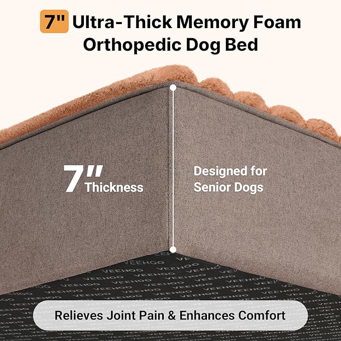 Veehoo Orthopedic Dog Bed for Large Senior Dogs, 7 Inch Thick XXL Memory Foam Dog Bed with L Shaped Bolsters, Orthopedic Pet Couch with Waterproof Liner & Removable Washable Cover, 52"x36"x7"