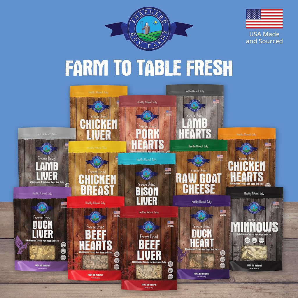 Shepherd Boy Farms Freeze Dried Duck Hearts for Dogs & Cats, USA Made - 3oz | Humanely Raised, No Added Antibiotics Or Hormones, High Protein, All Natural Single Ingredient Treats, Naturally Nutritious