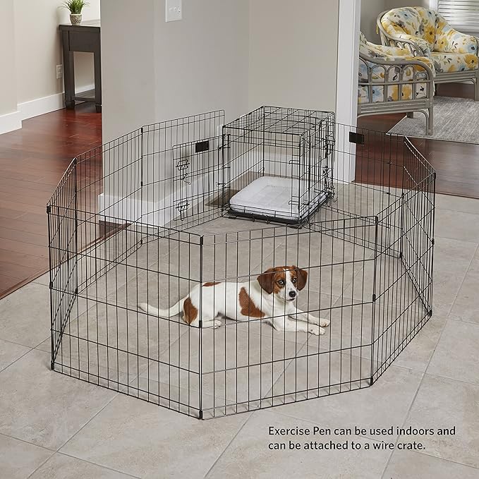 MidWest Homes for Pets Folding Metal Puppy / Dog Exercise Pen, Indoor/Outdoor Playpen with No Door, Provides 16 Sq Feet of Play Space, 24-Inches Tall, Black E-Coated