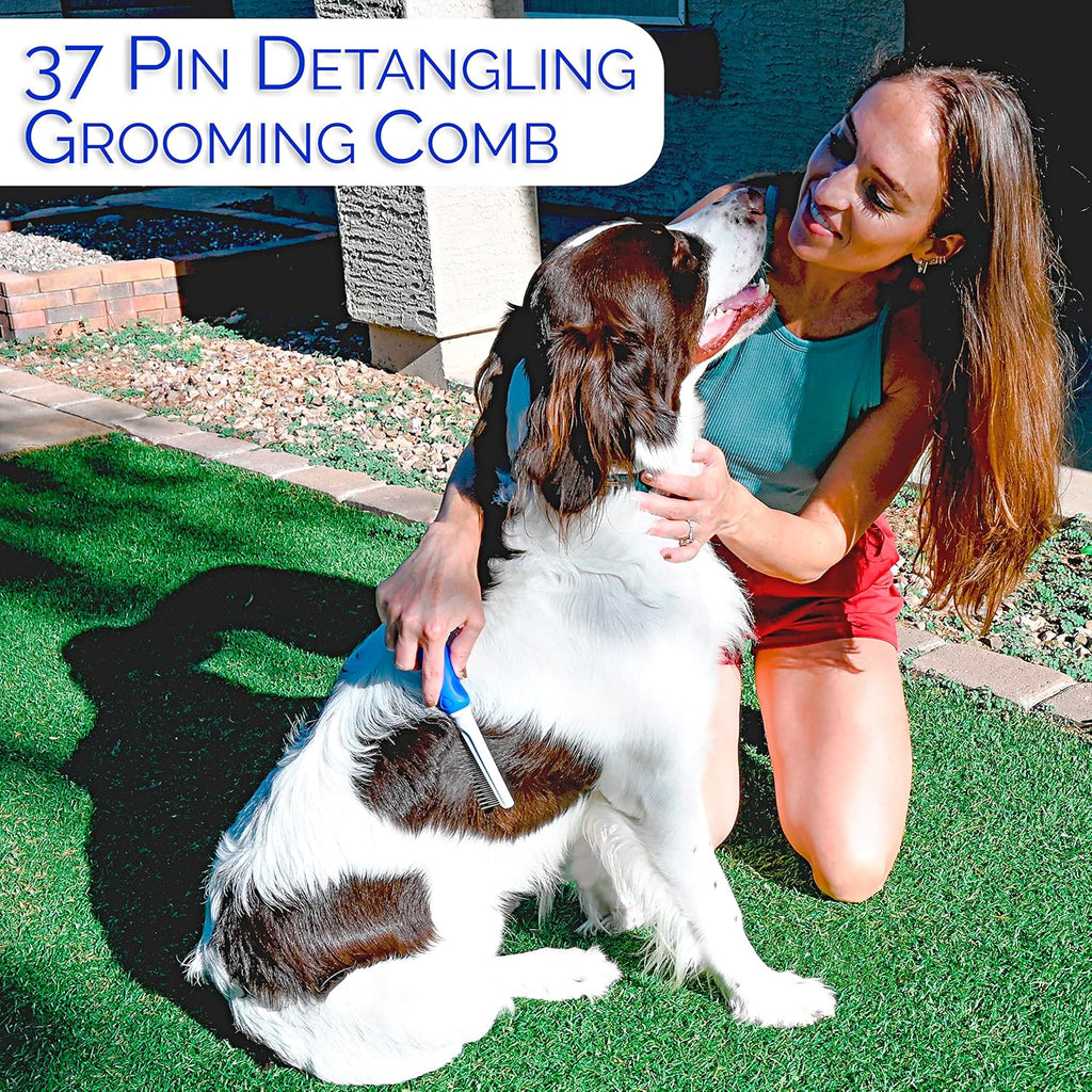 Detangling Dog Comb with Long & Short Stainless Steel Metal Teeth - Dogs, Cats & Small Animals for Removing Matted Fur, Knots & Tangles