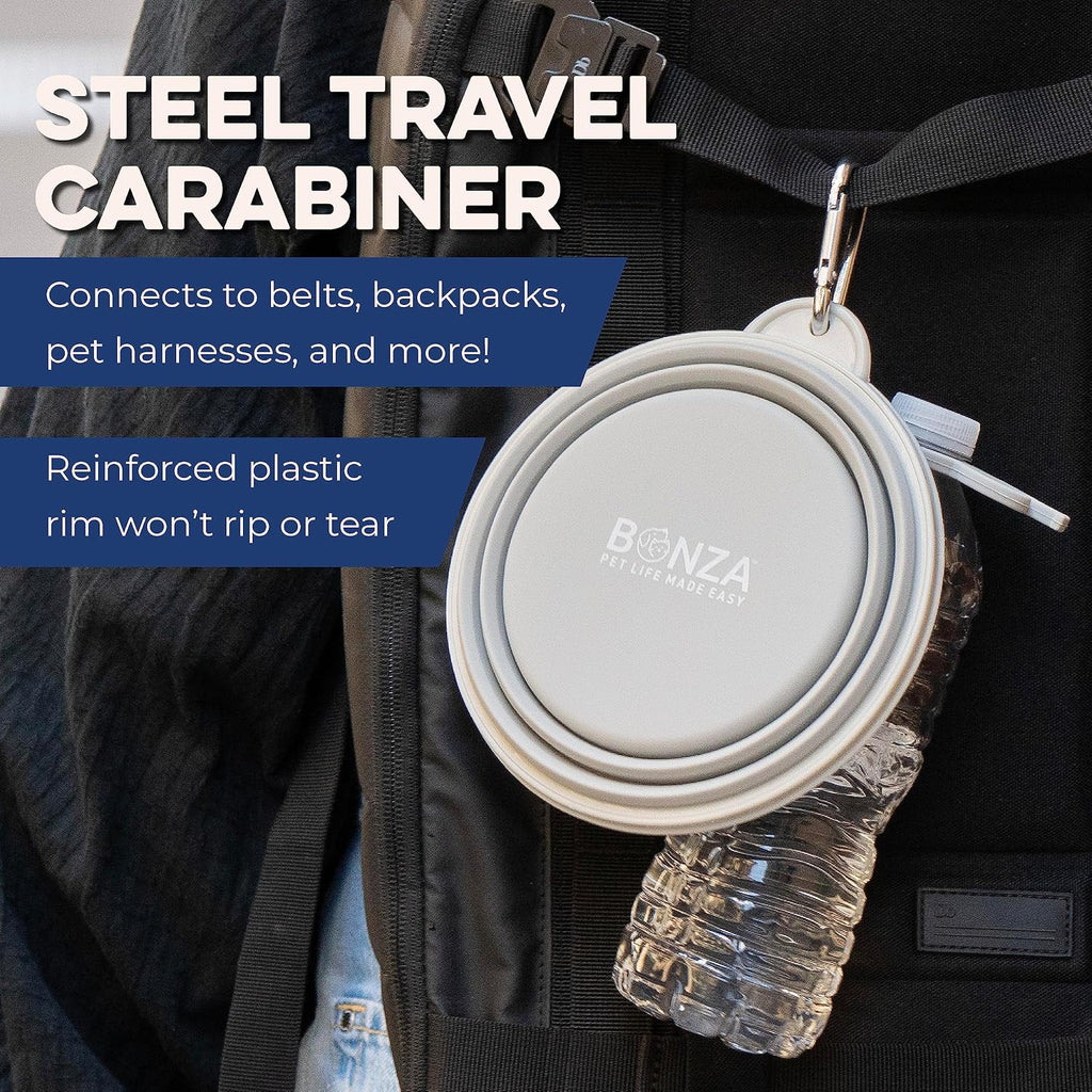 Bonza Collapsible Dog Water Bowl - BPA-Free Silicone Dog Dish - Reinforced Rim Collapsible Bowl - Carabiner Clip Travel Dishes for Pets - for Hiking, Camping & Car Trips - Large 33 Oz, Navy Blue